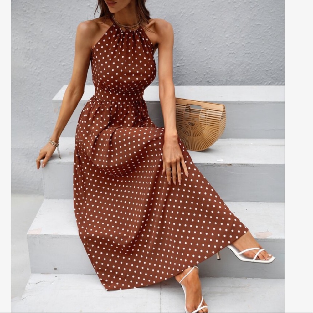 Boho Polka Dot Halter Maxi Dress Brown - Picture 2 of 13